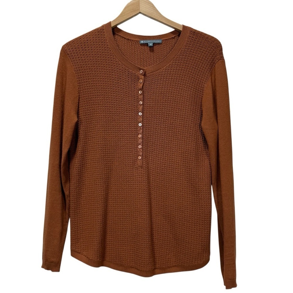 Elliott Lauren Waffle Knit Henley Sweater Rust Brown Long Sleeve M